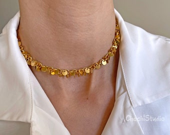 Gold Choker Necklace, Coin Cluster Necklace, Disc Chain Necklace, Gold Chain Necklace, Layered Gold Statement Necklace, Everyday Necklace