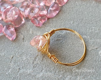 Pink Tourmaline Wire Ring, Gold Wire Wrap Ring, October Birthstone, Wire Wrapped Crystal Ring