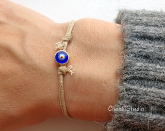 Evil Eye Bracelet, Adjustable Cord Bracelet, Friendship Bracelet, Gift Her, Gold Evil Eye Bracelet, Blue Evil Eye Bracelet