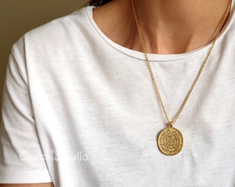 Gold Phaistos Disc Medallion Necklace, Gold Statement Necklace, Gift for Her, Gold Chain Necklace, Layered Necklace, Coin Necklace