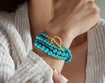 Turquoise Beaded Wrap Bracelet: Gold Toggle Boho Necklace