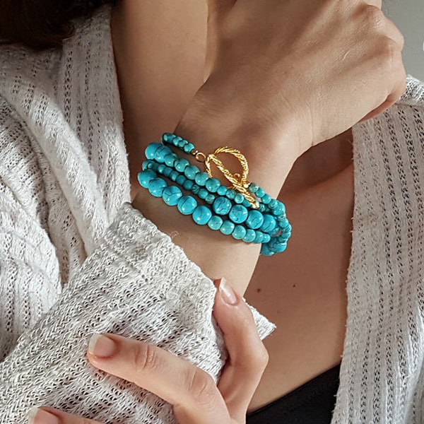 Turquoise Beaded Wrap Bracelet, Gold Toggle Clasp Turquoise Necklace, Bridesmaid Gift, Gemstone Beaded Boho Bracelet, Gypsy Bracelet