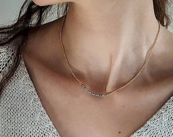 Dainty Miyuki Beaded Gold Bar Necklace, Minimalist Everyday Necklace