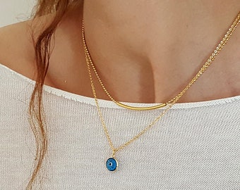 Gold Evil Eye Layered Necklace Set, Blue Evil Eye Necklace, Dainty Gold Necklace