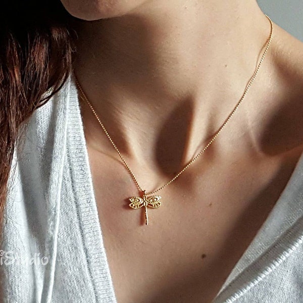 Gold Dragonfly Necklace, Gift for Her