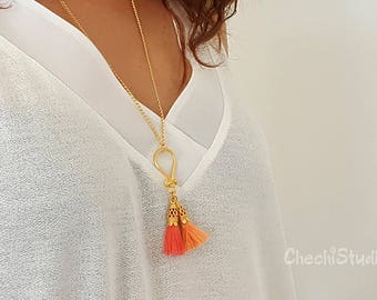 Long Gold Tassel Necklace, Mini Cotton Tassel Boho Necklace, Tassel Statement Necklace, Gift for Her