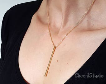 Gold Bar Necklace, Gift for Her, Minimalist Jewelry, Vertical Bar Necklace