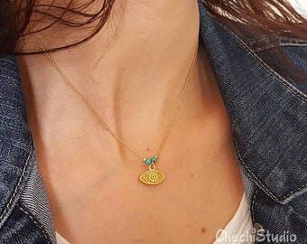 Gold Evil Eye Necklace, Gold Layering Necklace, Turkish Evil Eye Necklace