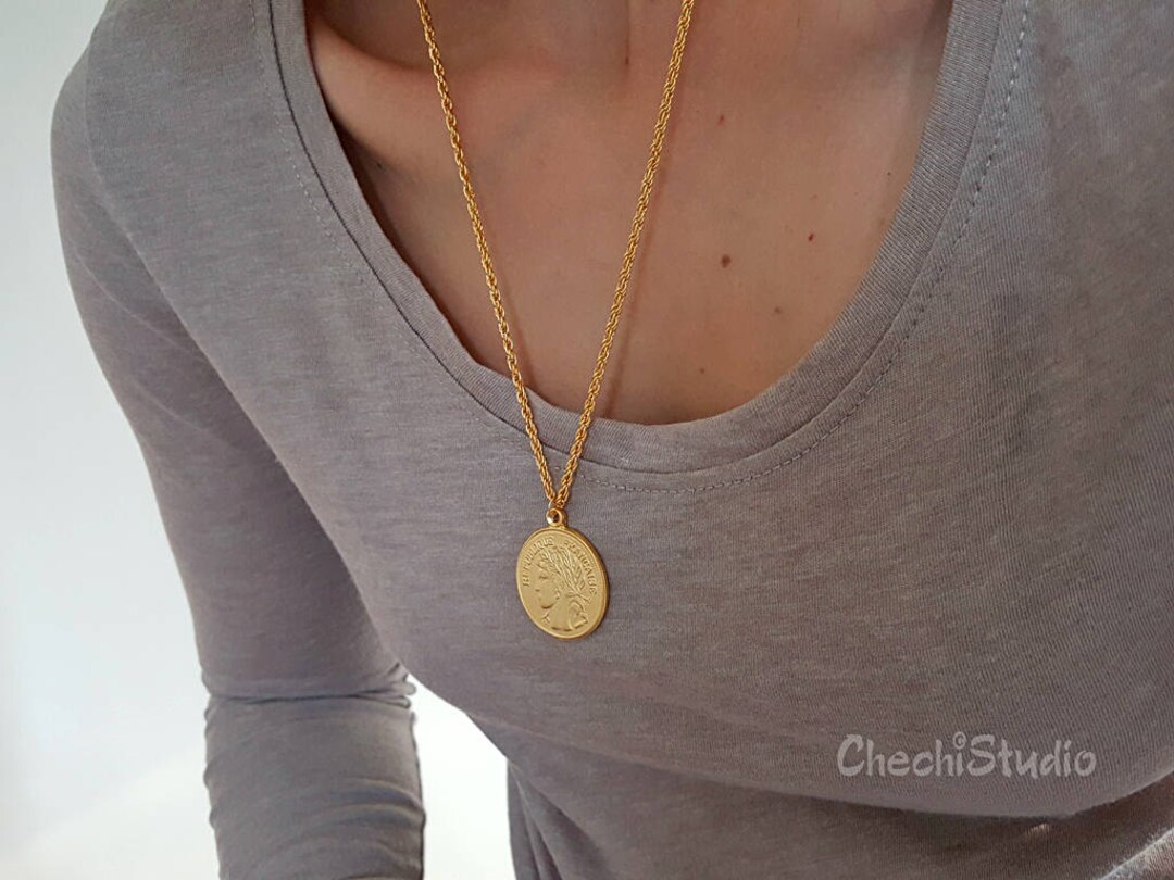 Gold Medallion Coin Statement Necklace, Gift for Her, Gold Chain