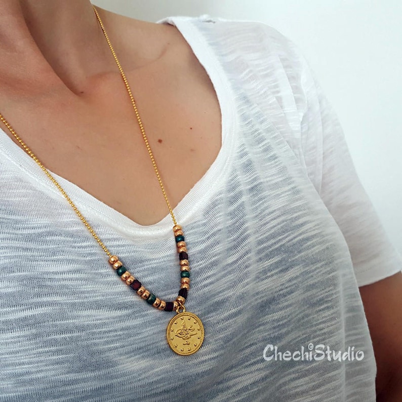 Gold Layered Necklace Long Dainty Necklace Gold Coin Necklace with Miyuki Beads Beaded Necklace Boho Necklace Gold Chain Necklace