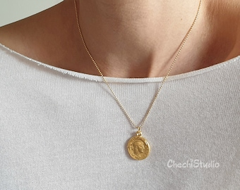 Gold Greek Coin Medallion Necklace, Dainty Layering Necklace