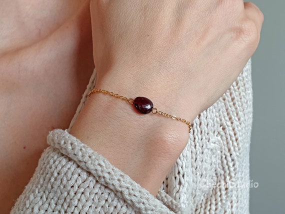 Garnet Bracelet January Birthstone Gemstone Beaded Bar Bracelet