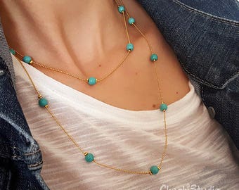 Gouden ketting met turquoise kralen, lange gelaagdheid, geboortesteen december
