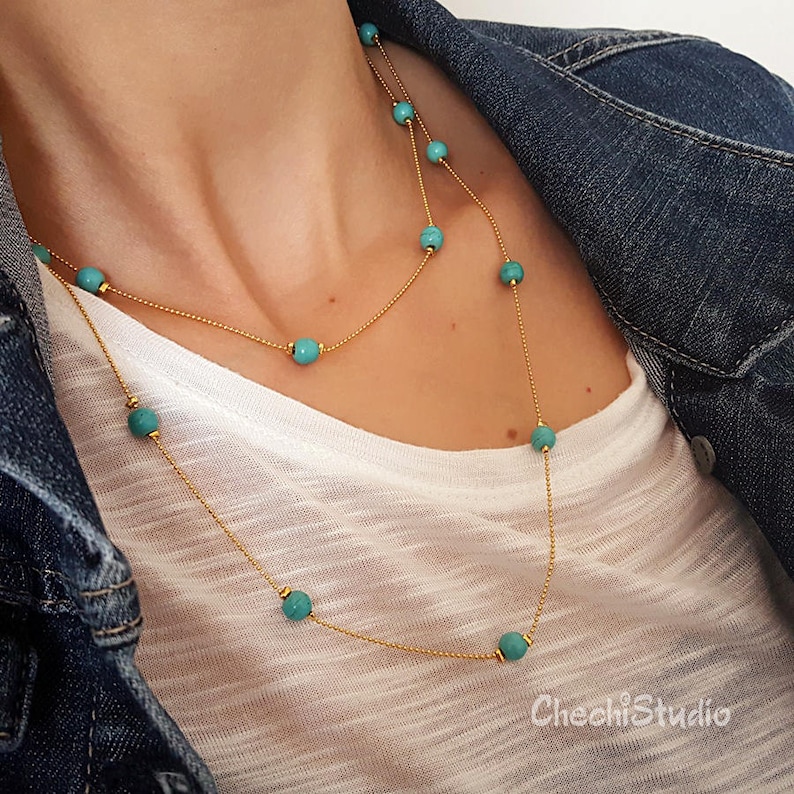 Turquoise Beaded Gold Chain Necklace, Long Layering Style, December Birthstone