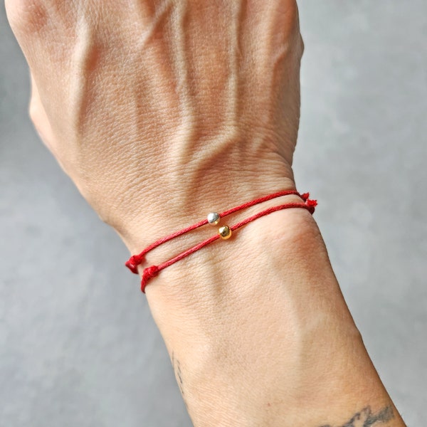 Red String Bracelet, Gold Bead Bracelet, Red Kabbalah Bracelet, Red Cord Stacking Bracelet, Red Good Luck Bracelet, Silver Bead Bracelet