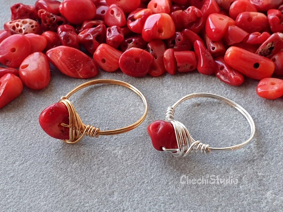 Red Coral Ring, Wire Wrap Ring, Gold-Silver Plated Stacking Rings, Dainty Wire Ring