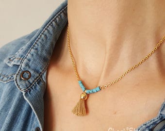 Turquoise Beaded Gold Tassel Necklace, Gift for Her