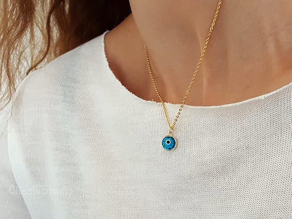 Blue Evil Eye Necklace Dainty Gold 