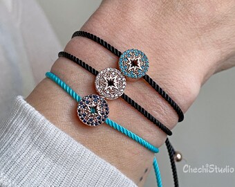 North Star Bracelet, Gold Pave Bracelet, Adjustable Black Cord, Friendship Bracelet, Rose Gold Charm Bracelet
