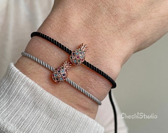 Pave Crystal Pineapple Bracelet, Adjustable Cord Bracelet,  Gift for Her, Friendship Bracelet, Rose Gold Pineapple Charm Bracelet