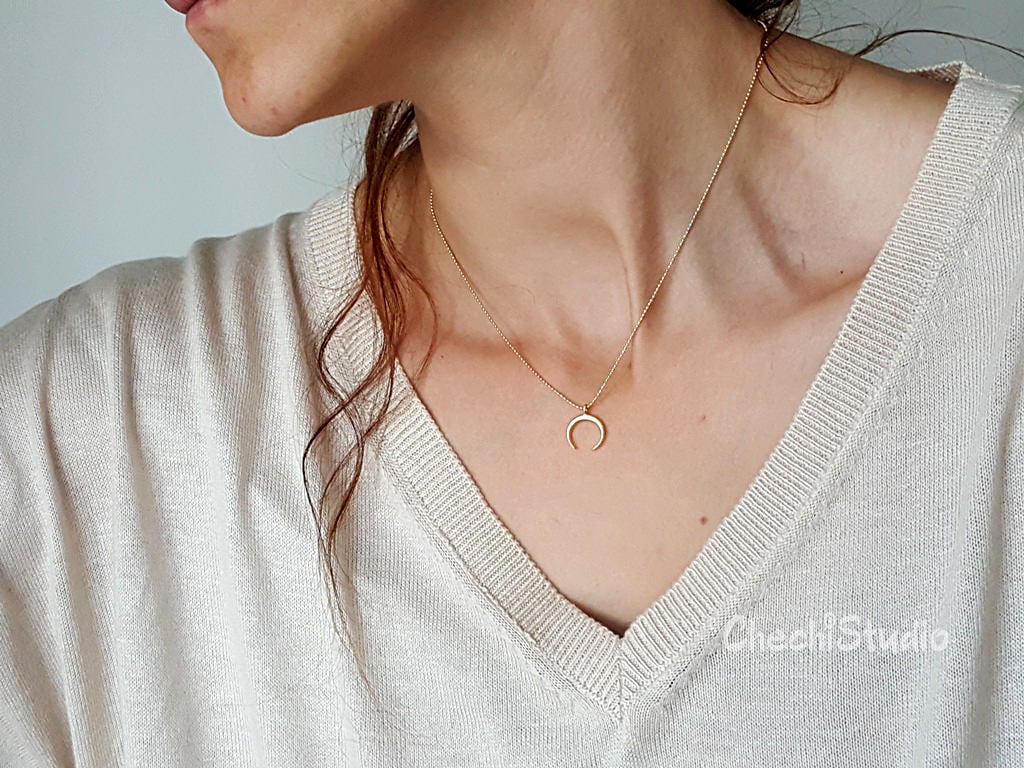 Dainty Gold Horn Necklace Delicate 