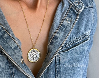 Greek Goddess Artemis Gold Coin Necklace, Ancient Greek Coin Necklace, Double Sided Medallion Necklace, Silver Coin Necklace