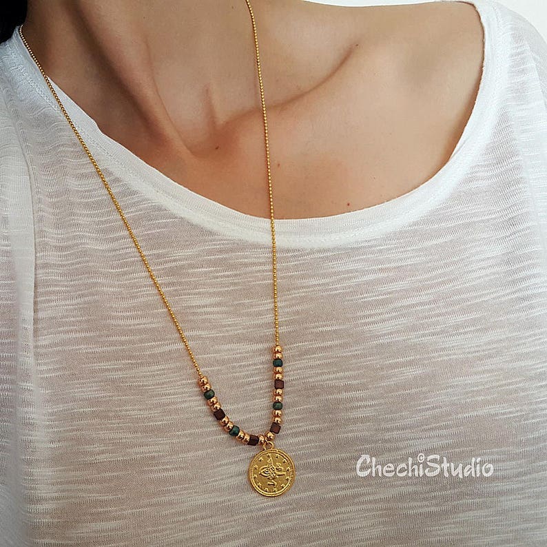 Gold Layered Necklace Long Dainty Necklace Gold Coin Necklace with Miyuki Beads Beaded Necklace Boho Necklace Gold Chain Necklace