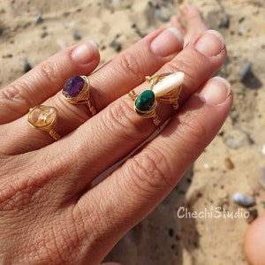 Puede incluir: Cuatro anillos de alambre dorado envueltos con diferentes piedras. Los anillos presentan una amatista p&uacute;rpura, un citrino amarillo, una malaquita verde y una concha blanca.
