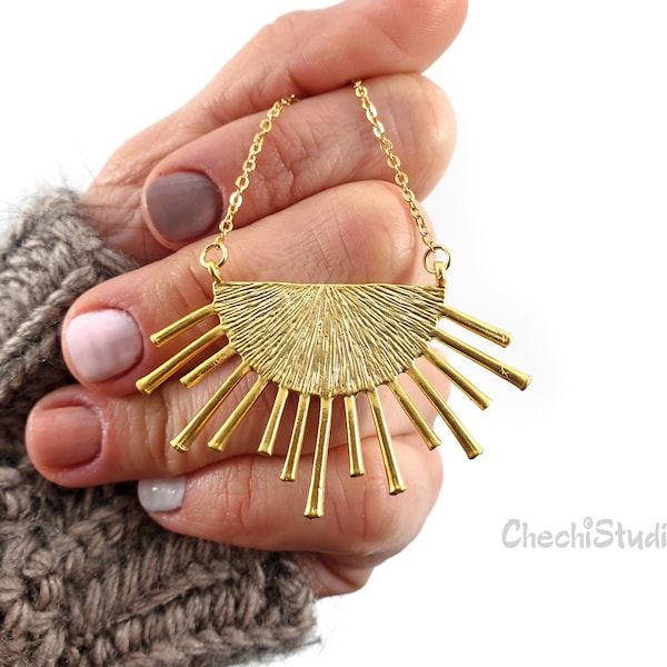 Gold Sun Pendant Necklace, Sunburst Statement Jewelry