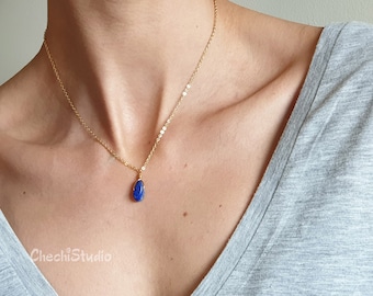 Lapis Lazuli Necklace, September Birthstone, Raw Gemstone Necklace, 9th Anniversary Gift for Her, Layering Gold Necklace, Gemstone Pendant