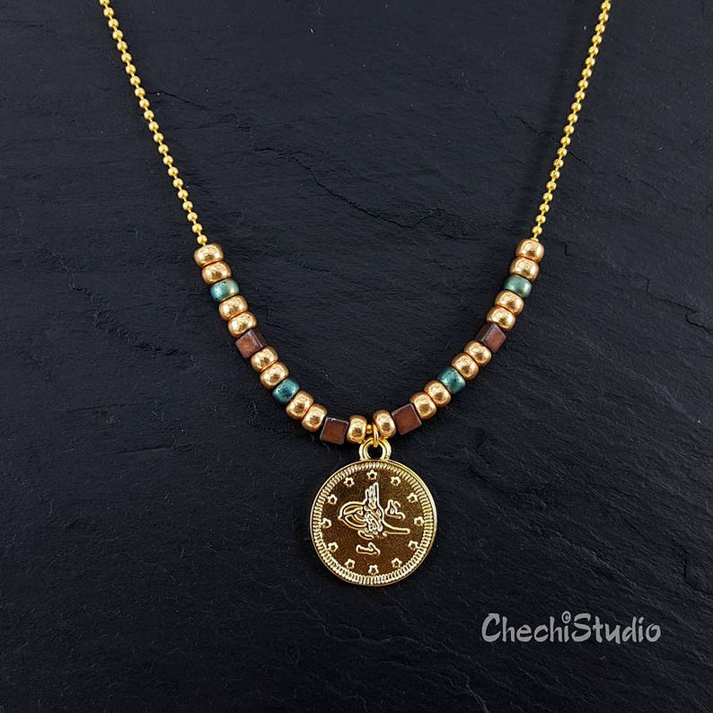 Gold Layered Necklace Long Dainty Necklace Gold Coin Necklace with Miyuki Beads Beaded Necklace Boho Necklace Gold Chain Necklace