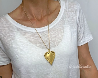 Large Gold Heart Necklace, Silver Heart Pendant Necklace, Long Chain Necklace, Gift For Her