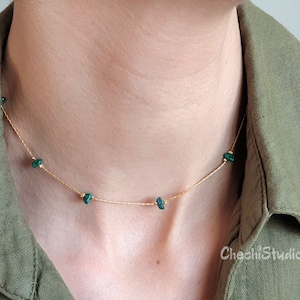 Malachite Beaded Gold Choker Necklace, Dainty Gemstone Necklace, Gold Choker Necklace, April Birthstone, Crystal Chakra Necklace