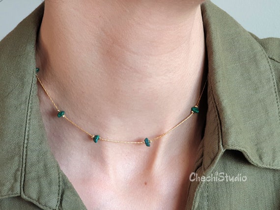 Malachite Beaded Gold Choker Necklace, Dainty Gemstone Necklace
