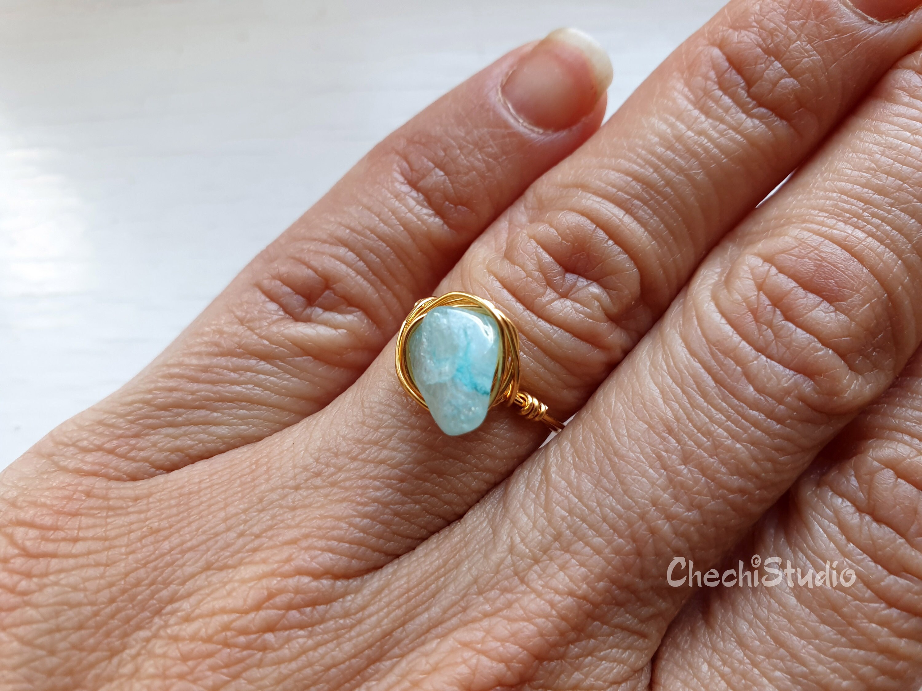 Anello In Pietra Naturale Amazzonite Per Donna - Design Vintage Con Perline E Filo Metallico - Gioiello Regalo San Patrizio, Compleanno, Ideale Per Moglie - 2