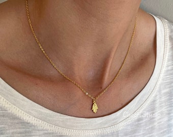 Dainty Gold Hamsa Necklace, 22K Plated Charm