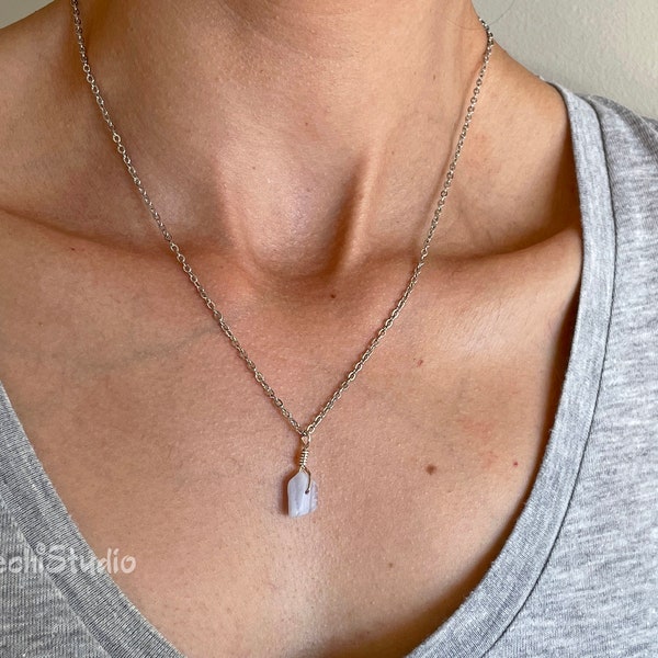 Blue Chalcedony Necklace, Wire Wrap Necklace, Healing Crystal Necklace, Gemstone Chakra Necklace, Dainty Gold-Silver Layered Necklace