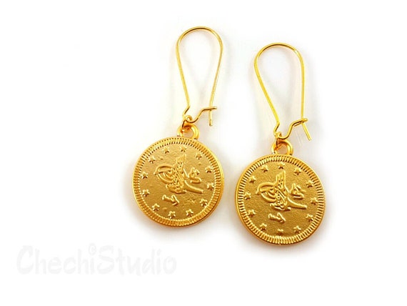 14KT Yellow Gold Matte Coin Design Round Dangle Earrings – LSJ