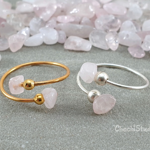 Rose Quartz Ring, Wire Ring, Healing Crystal, Heart Chakra Ring, Raw Gemstone Ring, Dainty Wire Ring, Gold-Silver Plated Stacking Rings