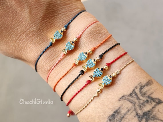 Adjustable Red Cord Fish Bracelet Gold Pave Fish Charm Bracelet Gift for Her