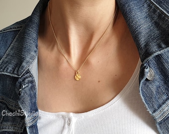 Hammered Gold Mini Coin Necklace, Dainty Gold Chain Necklace, Gold Coin Necklace, Everyday Necklace, Layering Necklace, Gift For Her