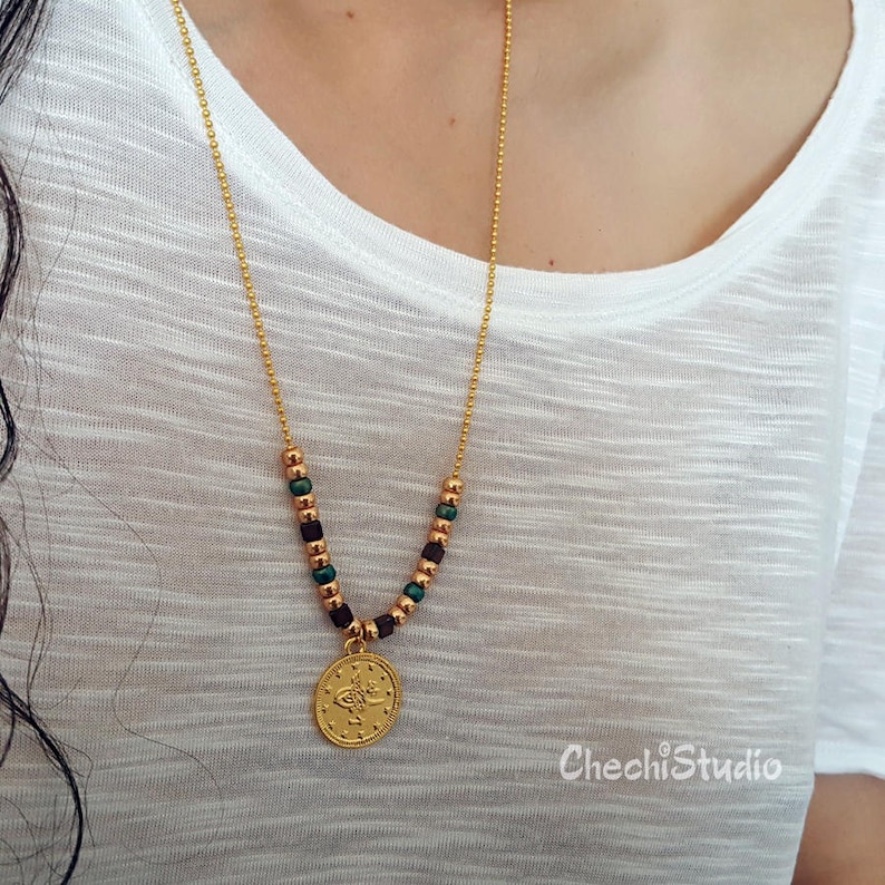 Gold Layered Necklace Long Dainty Necklace Gold Coin Necklace with Miyuki Beads Beaded Necklace Boho Necklace Gold Chain Necklace