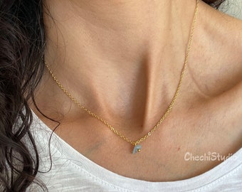 Aquamarine Necklace, March Birthstone Necklace, Dainty Gemstone Necklace, Chakra Necklace, Dainty Gold-Silver Layered Necklace