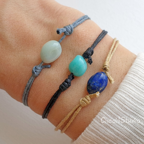 Gemstone Bracelet, Chakra Bracelet, Adjustable Cord Bracelet, Healing Crystal Bracelet, Lapis Lazuli, Aquamarine, Amazonite Bracelet