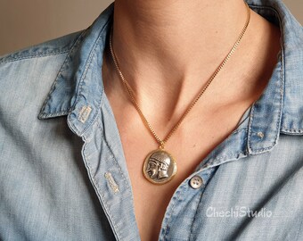 Greek God Coin Necklace, Silver Medallion, 22K Gold Plated Chain