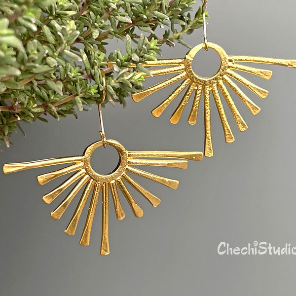 Gold Sun Earrings, Gold Dangle Earrings, Gift for Her, Gold Drop Earrings, Gold Sun Ray Earrings