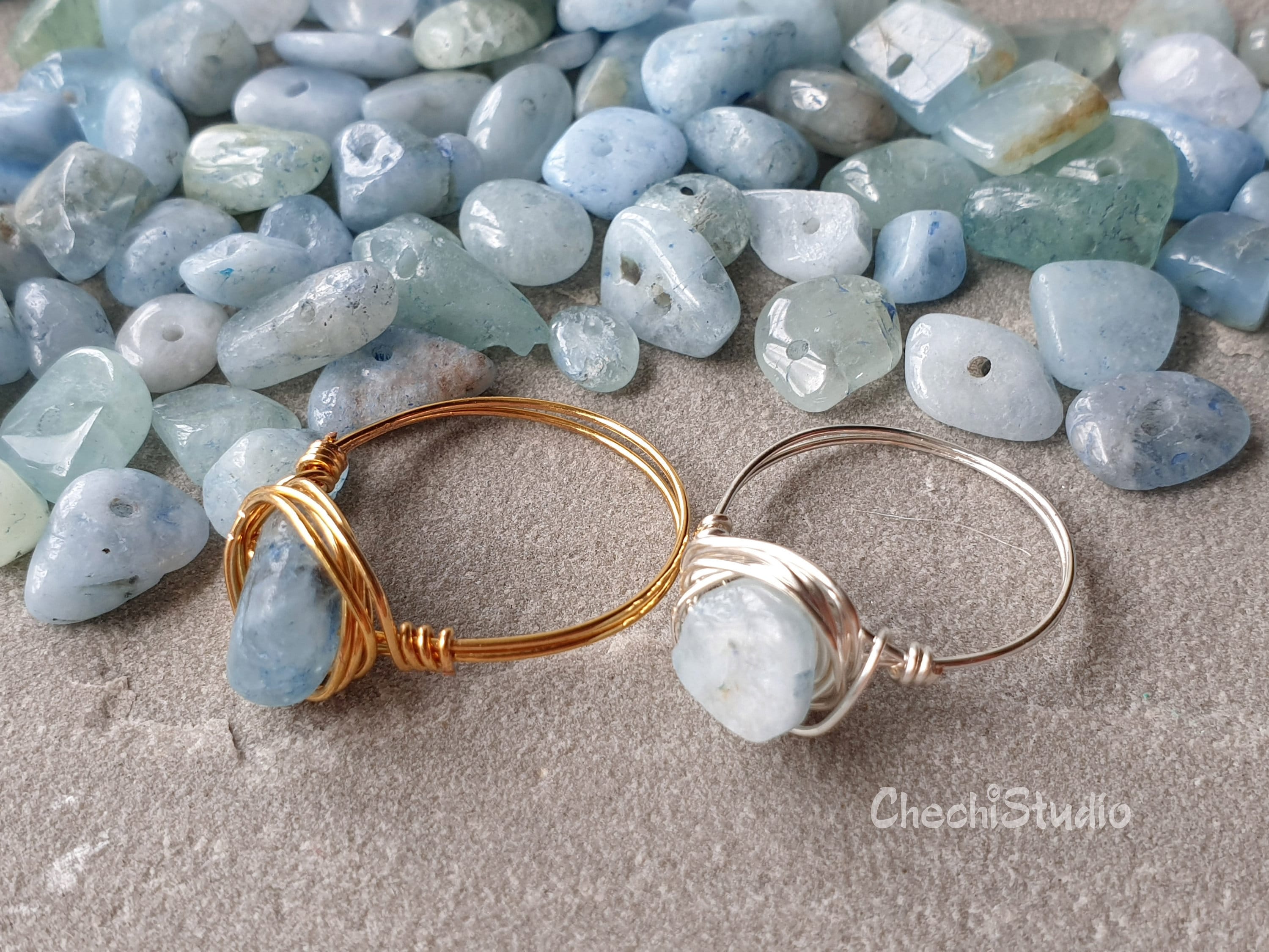 Aquamarine Ring, Wire Wrap Ring, March Birthstone, March Beaded Ring,…