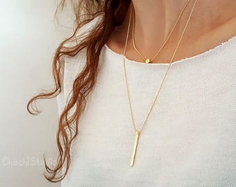 Layered Gold Necklace Set, Bar and Gold Bead Necklace, Layering Necklace Set, Birthday Gift, Dainty Gold Chain Necklace, Gift for Her