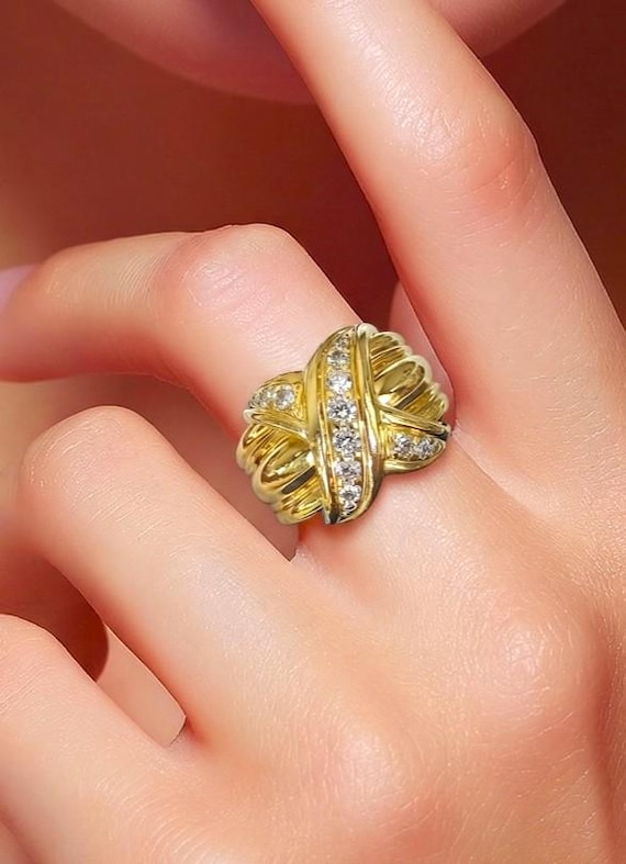 アクセサリー old Tiffany signature ring Vintage Tiffany & Co 18K Yellow Gold Diamond Signature X Band Ring