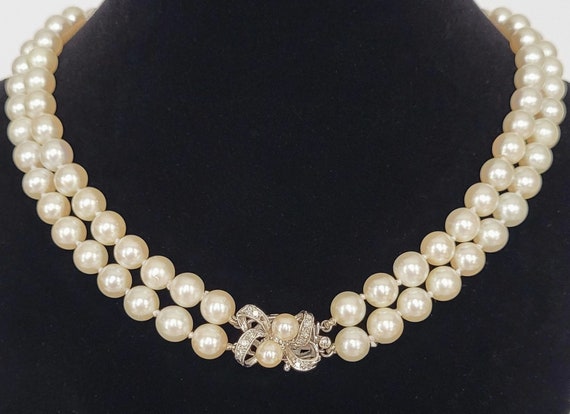 14K White Gold Akoya Pearl Diamond Double Strand … - image 2